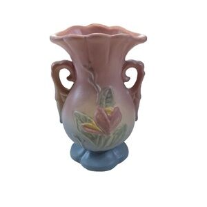 Hull Art Pottery Vase Pink Blue Floral Pastel Matte Glaze USA 5 Vintage 1940s
